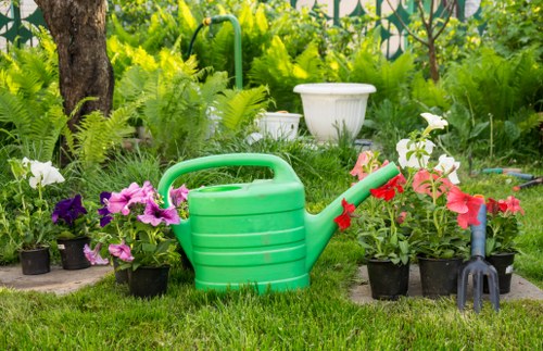 A garden scene featuring a neatly maintained grassy lawn in the foreground, with a central green plastic watering can resting on the grass. Surrounding the watering can are various potted flowering plants, including pink, purple, and white blooms, arranged in small black pots. Behind the plants, there is a lush backdrop of green foliage, ferns, and trees, indicating a well-established outdoor garden space. To the right of the watering can, a small hand rake with a red handle and black tines is placed on the grass. In the background, garden elements such as a white stone or ceramic garden ornament and additional plantings contribute to an inviting landscape setting appropriate for general gardening maintenance and landscaping services in the Hanwell area. The scene appears to be taken during daylight hours with natural light illuminating the vibrant plant colours and textures, reflecting a healthy, cultivated outdoor environment typical of residential gardens serviced by companies like Hedge Trimming Hanwell.